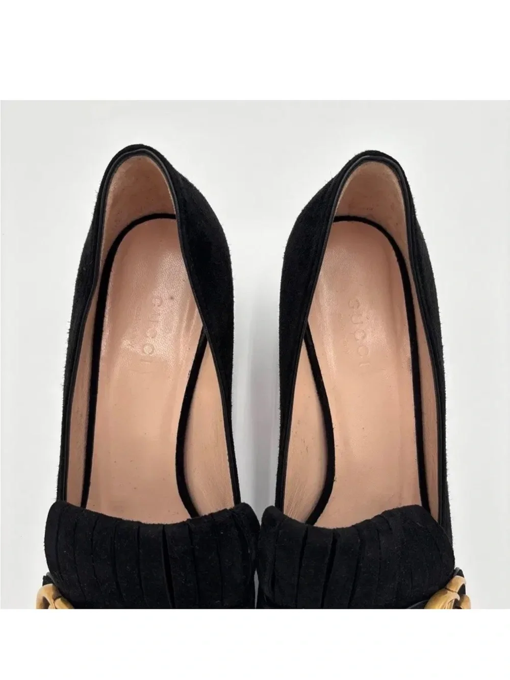 Gucci Black Suede Marmont Fringe Block Heel Loafers with Gold GG in Sz 38 1/2